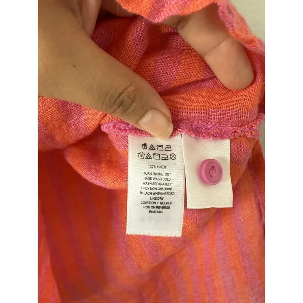 Nicole Miller 100% Linen Pink Orange Striped Button Up Top Beachy Coastal Vacay